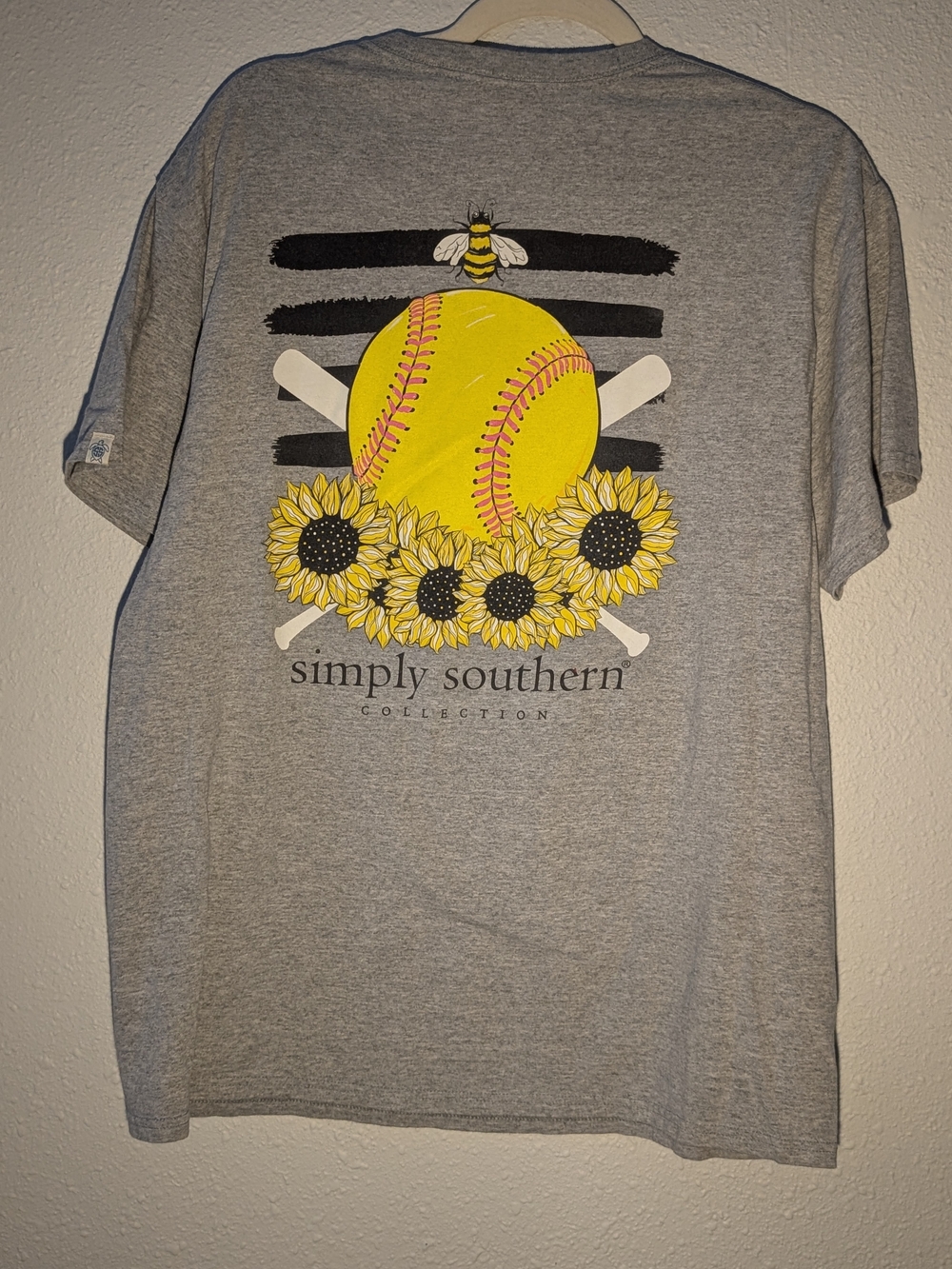Simply Southern Gray Tee with Yellow Softball, Sunflowers & Bee Graphic Large